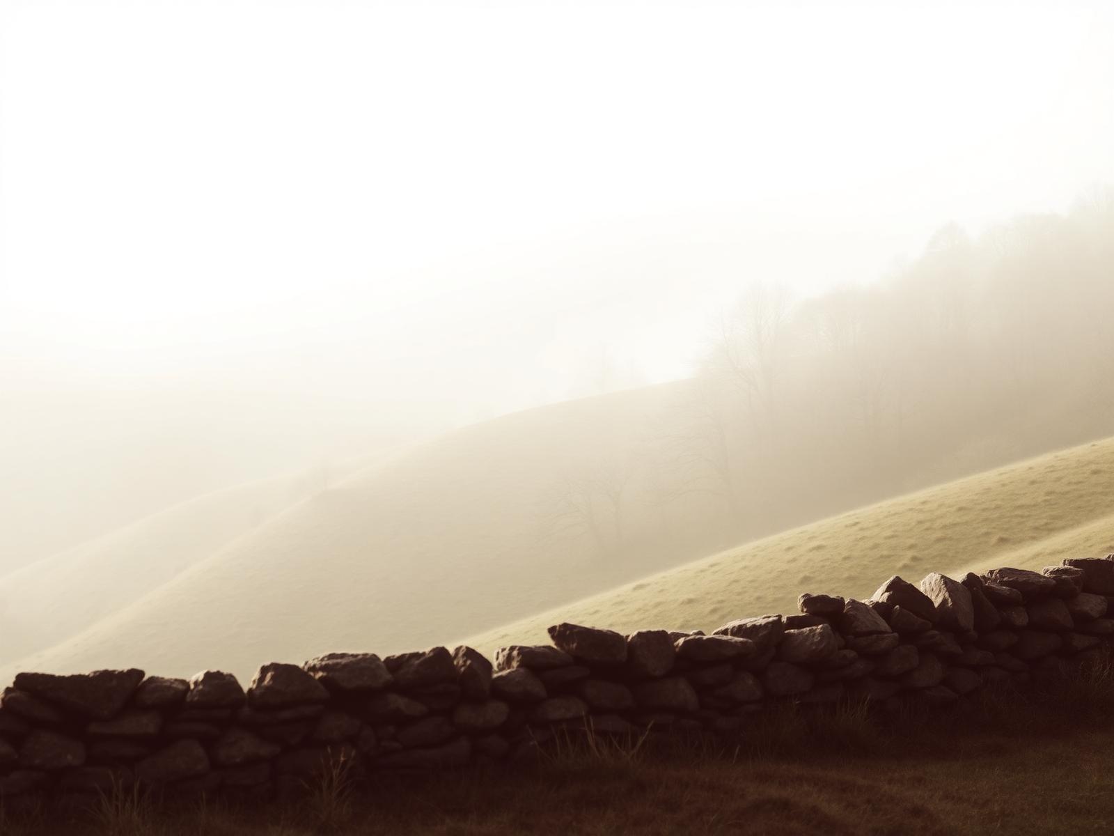 Morning frost on a stone boundary wall in misty hills